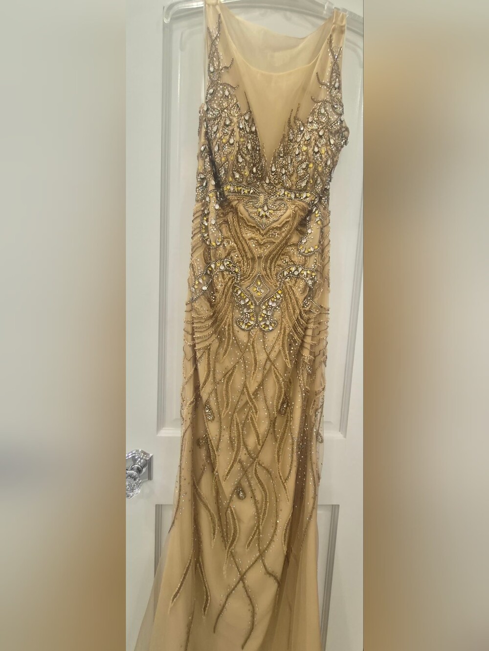 Terani Couture Nude Champagne Beaded Illusion Prom Gown